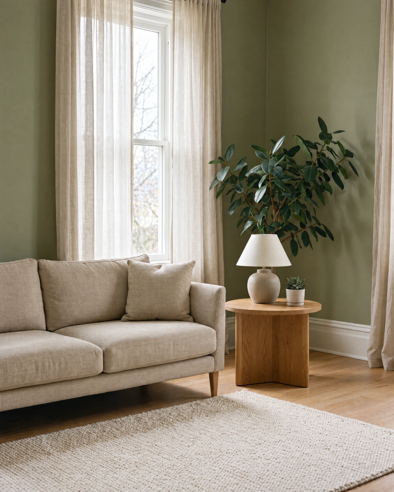 A calm waiting room with a linen sofa, a lamp and plants beside a sunlit window