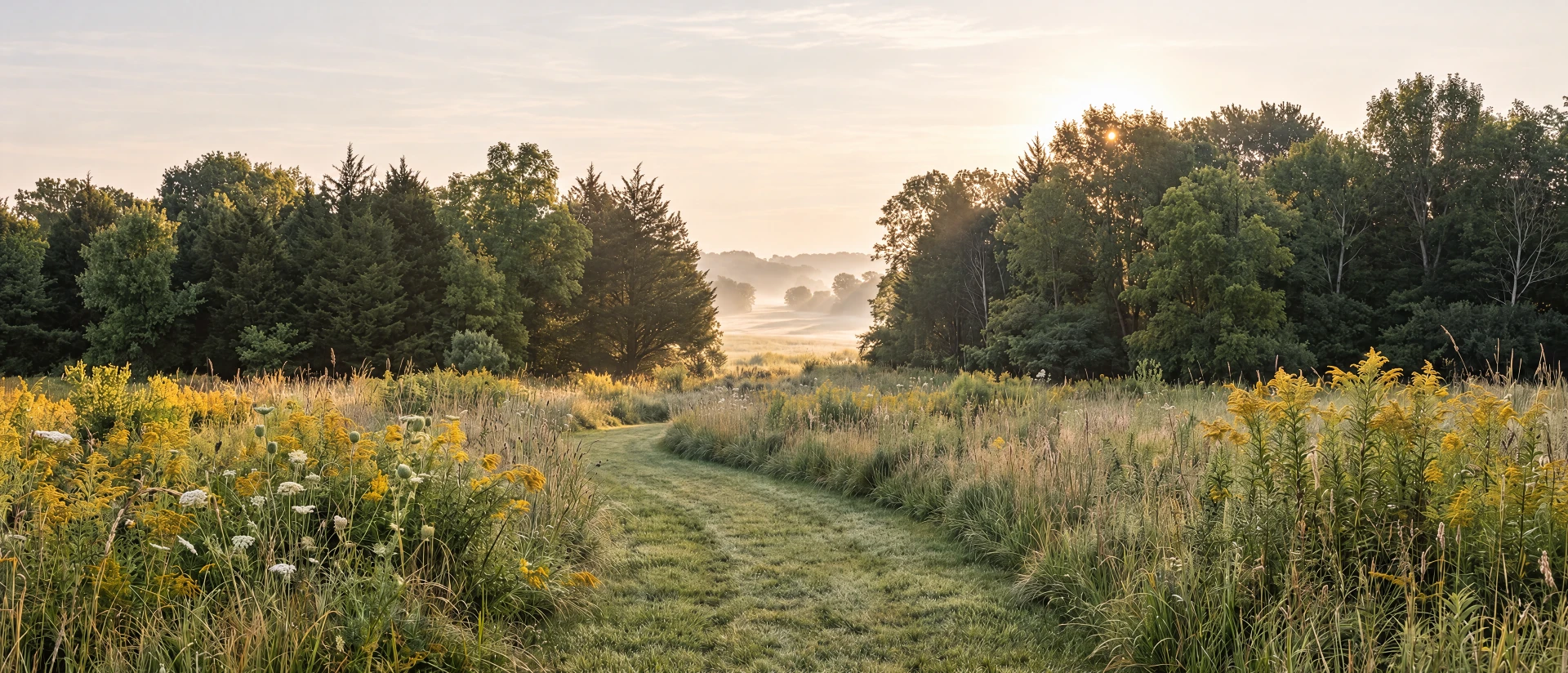 A mown path curving through a meadow of goldenrod and wildflowers toward a misty gap in the trees
